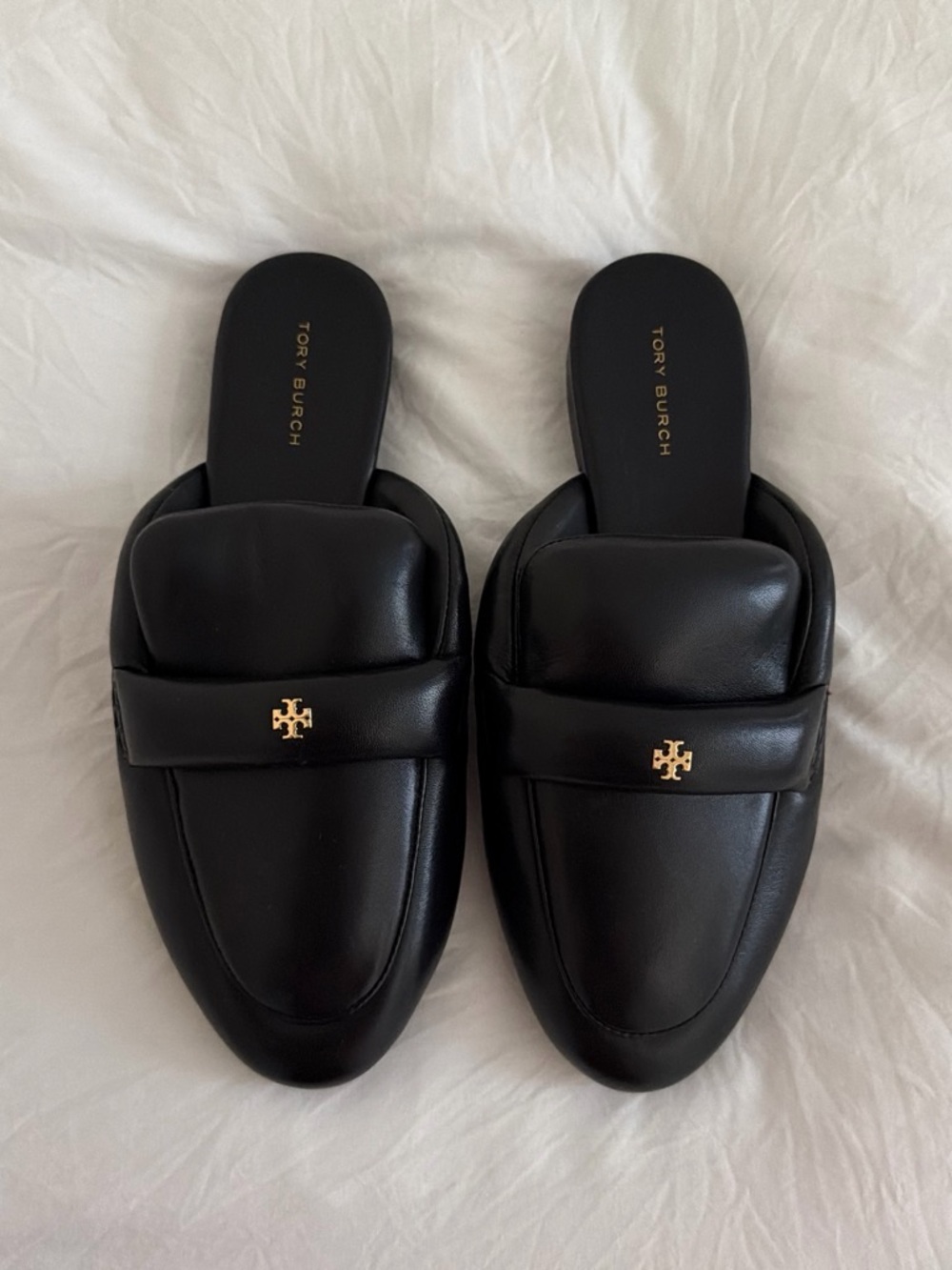 Brand New Never worn Tory Burch Black Leather Slide Mules with Gold Logo